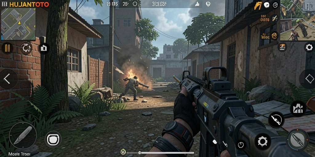 Tampilan gameplay intens dari HUJANTOTO dalam aksi TPS.