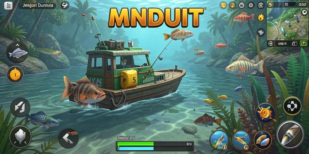 Screenshot gameplay MNDUIT menampilkan pengalaman seru memancing di alam terbuka.