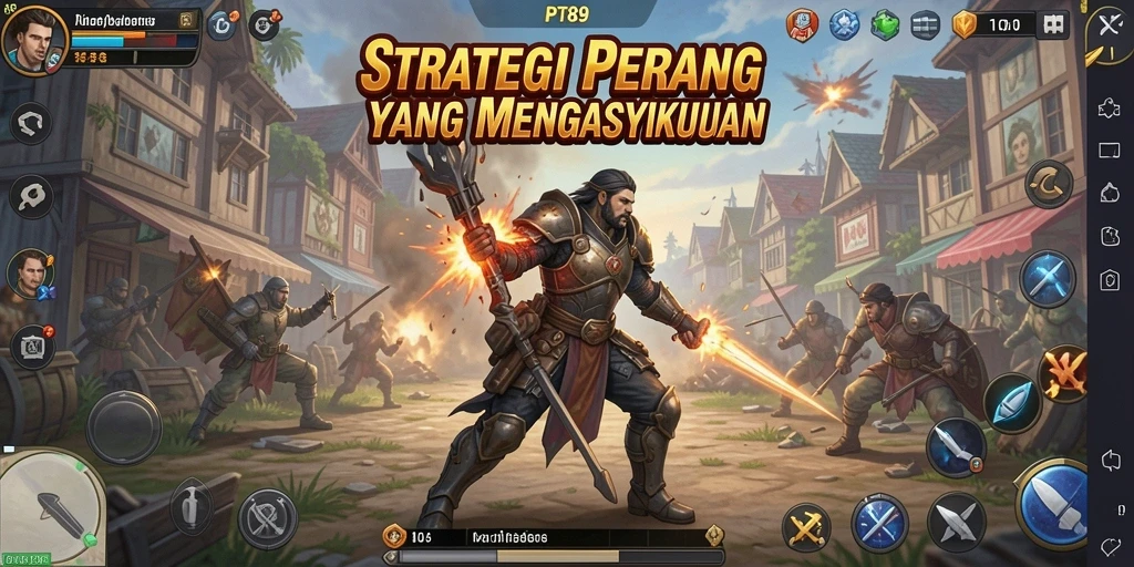 Tangkapan layar PT89 menampilkan pertarungan seru dan pengelolaan kota.