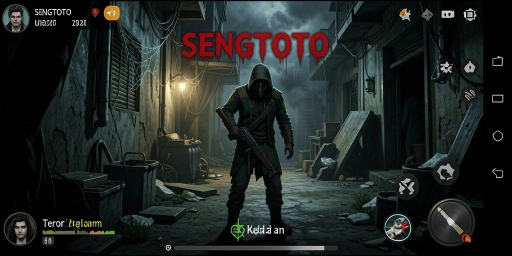 Screenshot menunjukkan suasana mencekam di SENGTOTO dengan efek visual yang menakutkan.