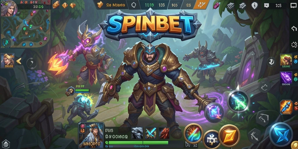 Screenshot gameplay SPINBET yang menunjukkan pertempuran epik dalam MMORPG.