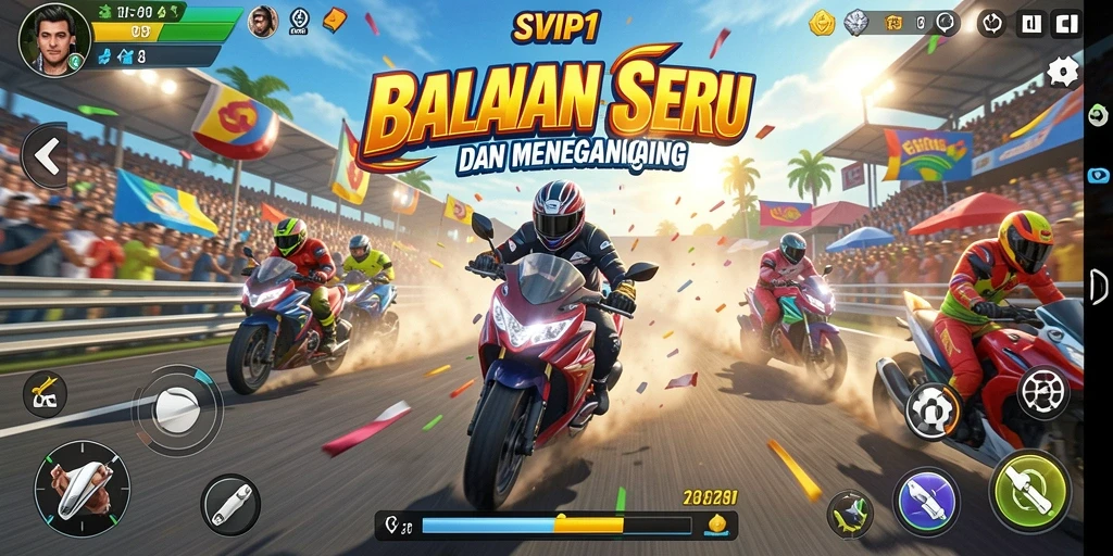 Screenshot gameplay SVIP1 dengan aksi balap yang mendebarkan.