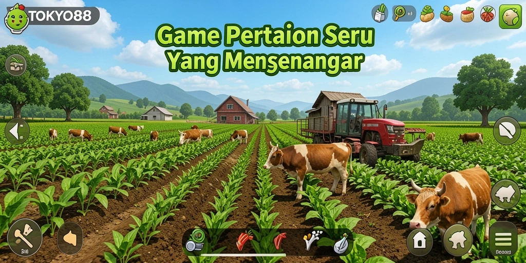Screenshot utama TOKYO88 menampilkan aktivitas mengelola ladang dengan warna cerah.
